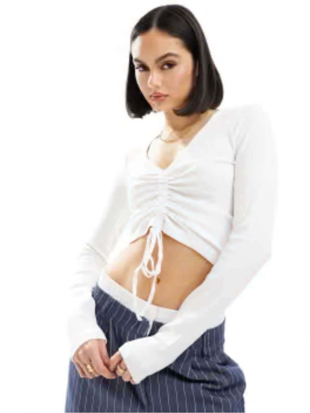 Olivaceous White Ruched Tie-Front V-Neck Crop Top, size S , NWT